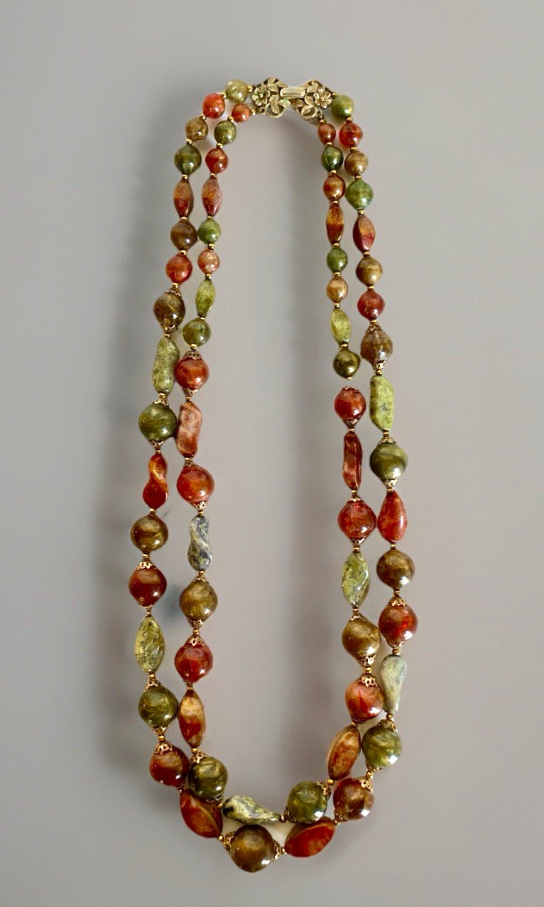 Vintage Crown Trifari Double Strand Necklace, Fall Colors, 24″ Long