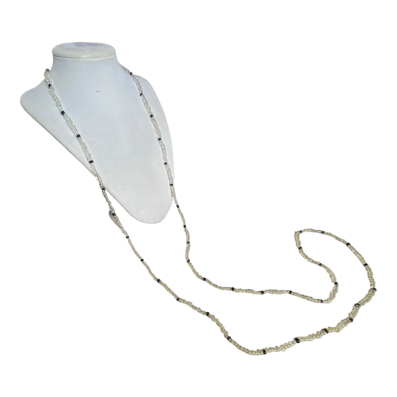 Vintage 54” Black Clear White Glass Beaded Necklace Handmade Layering Boho Craft