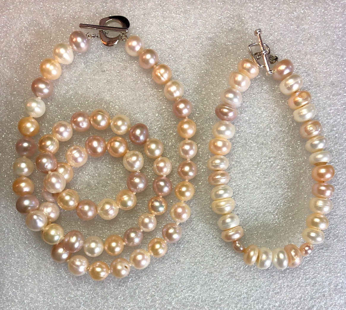 Pastel Multi-Color Cultured Pearl Strand Necklace Peach Gold Pink +Bracelet P5