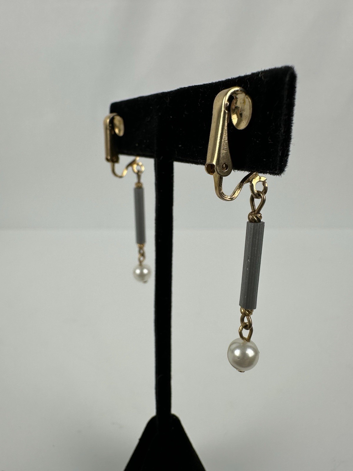 Vintage Clip On Gold Toned Gray And White Faux Pearl Dangle Earrings From Estate