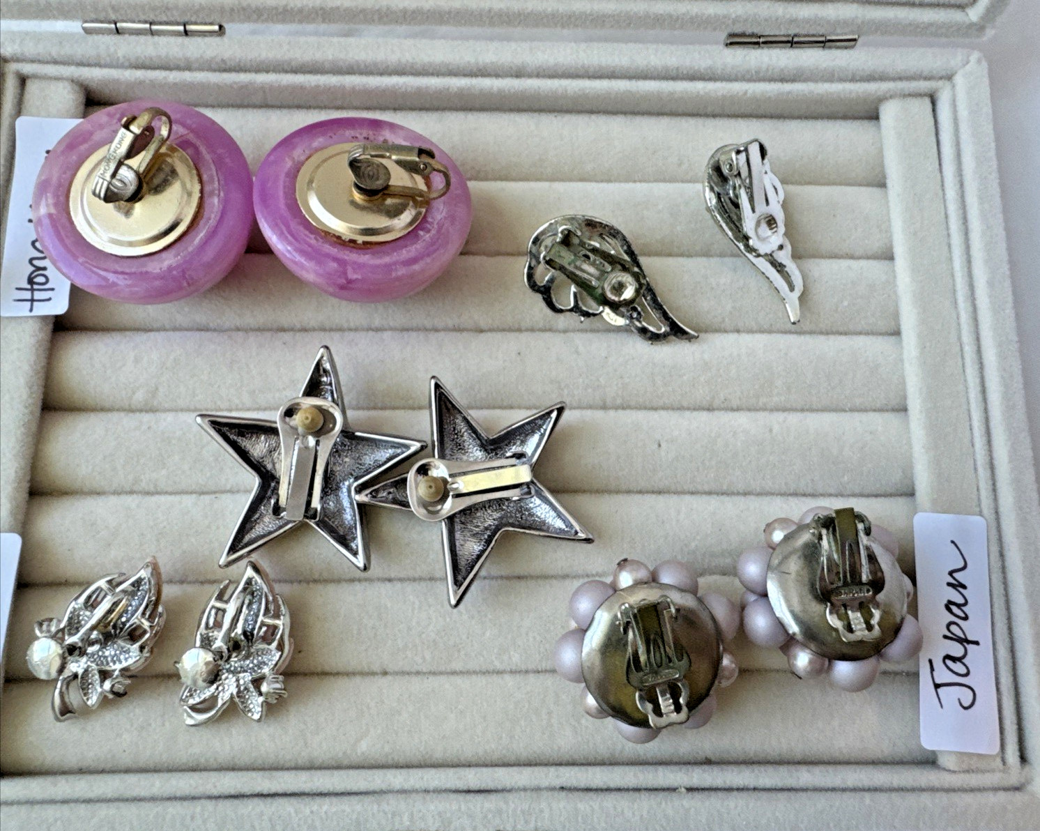 Lot 5 Pairs Brutalist Clip On Earrings Thermoset PINK VTG Movie Star Japan angel