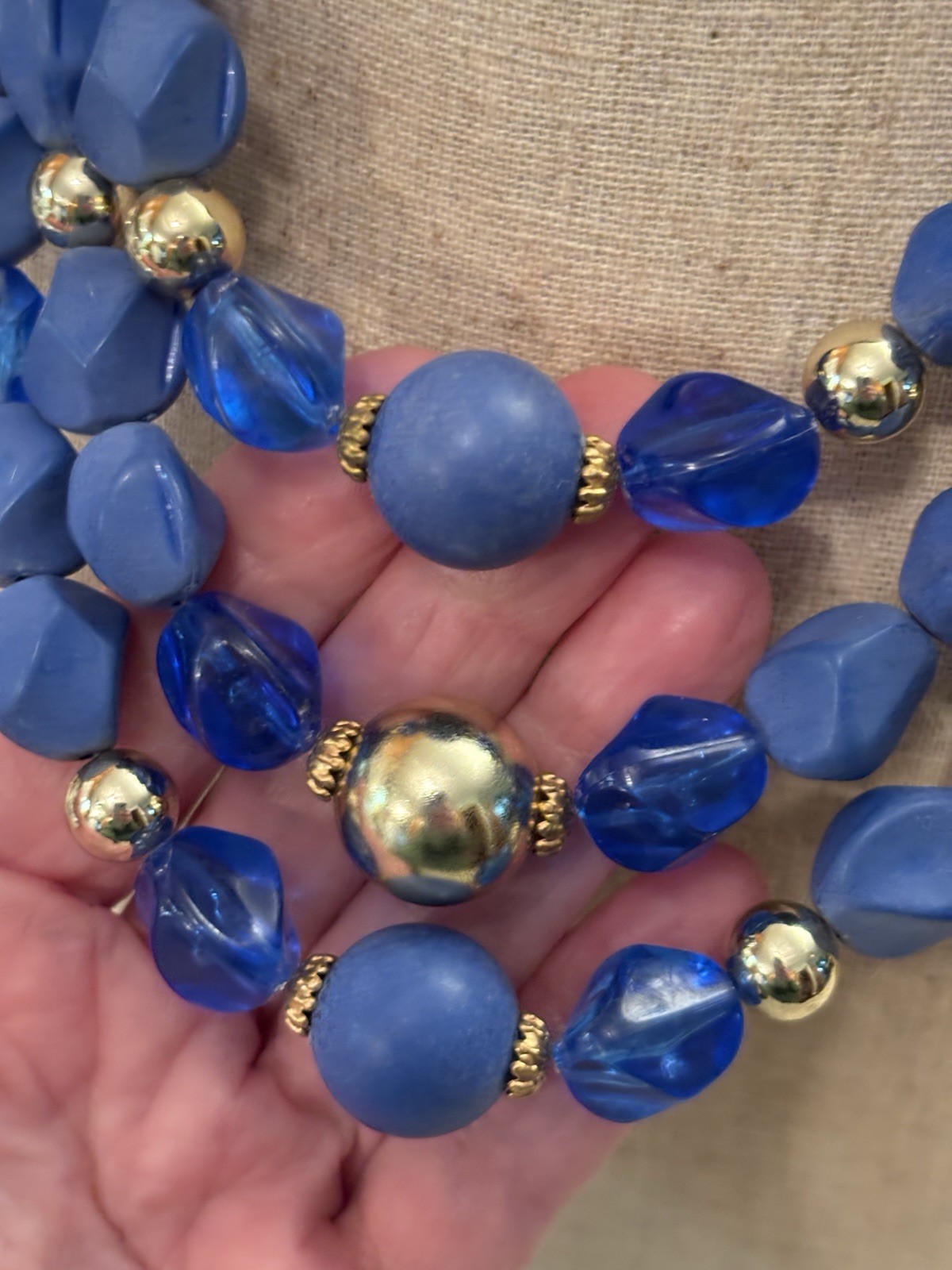 Vintage 50’s-60’s 3 Strand Plastic Blue Beaded Choker Necklace 16 1/2 Inch