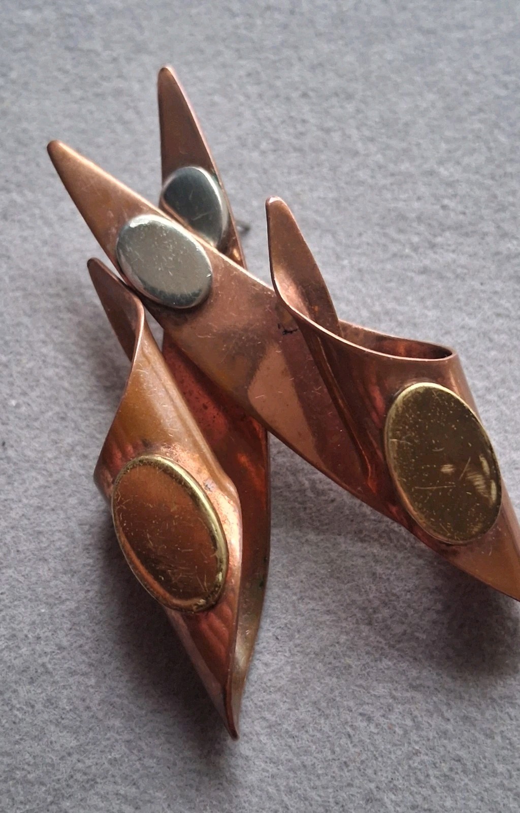 Mid century modern MCM copper abstract mixed metal large earrings