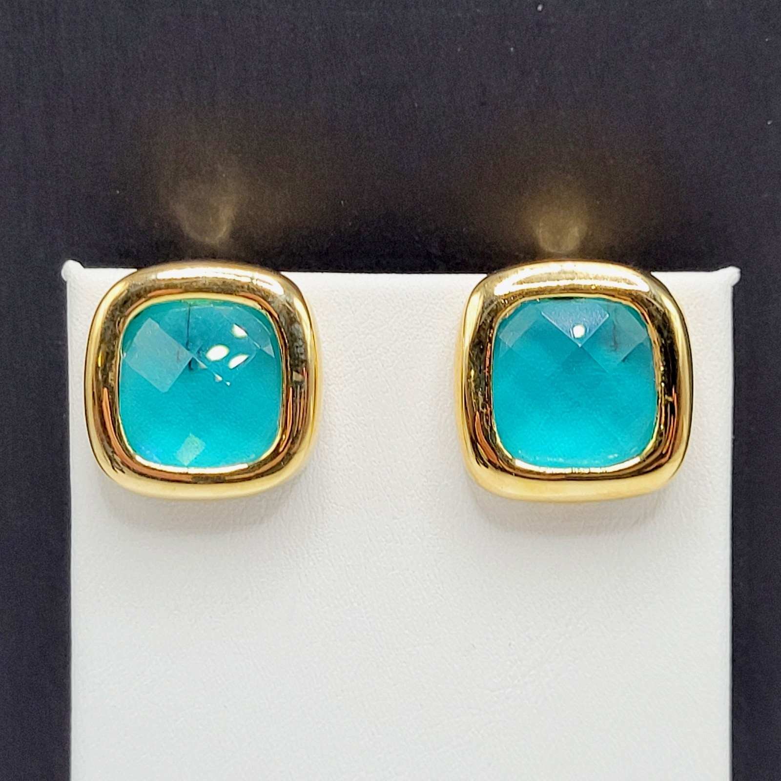 Aqua Light Blue Green Faceted Glass Soft Square Gold Tone Bezel Clip On Earrings