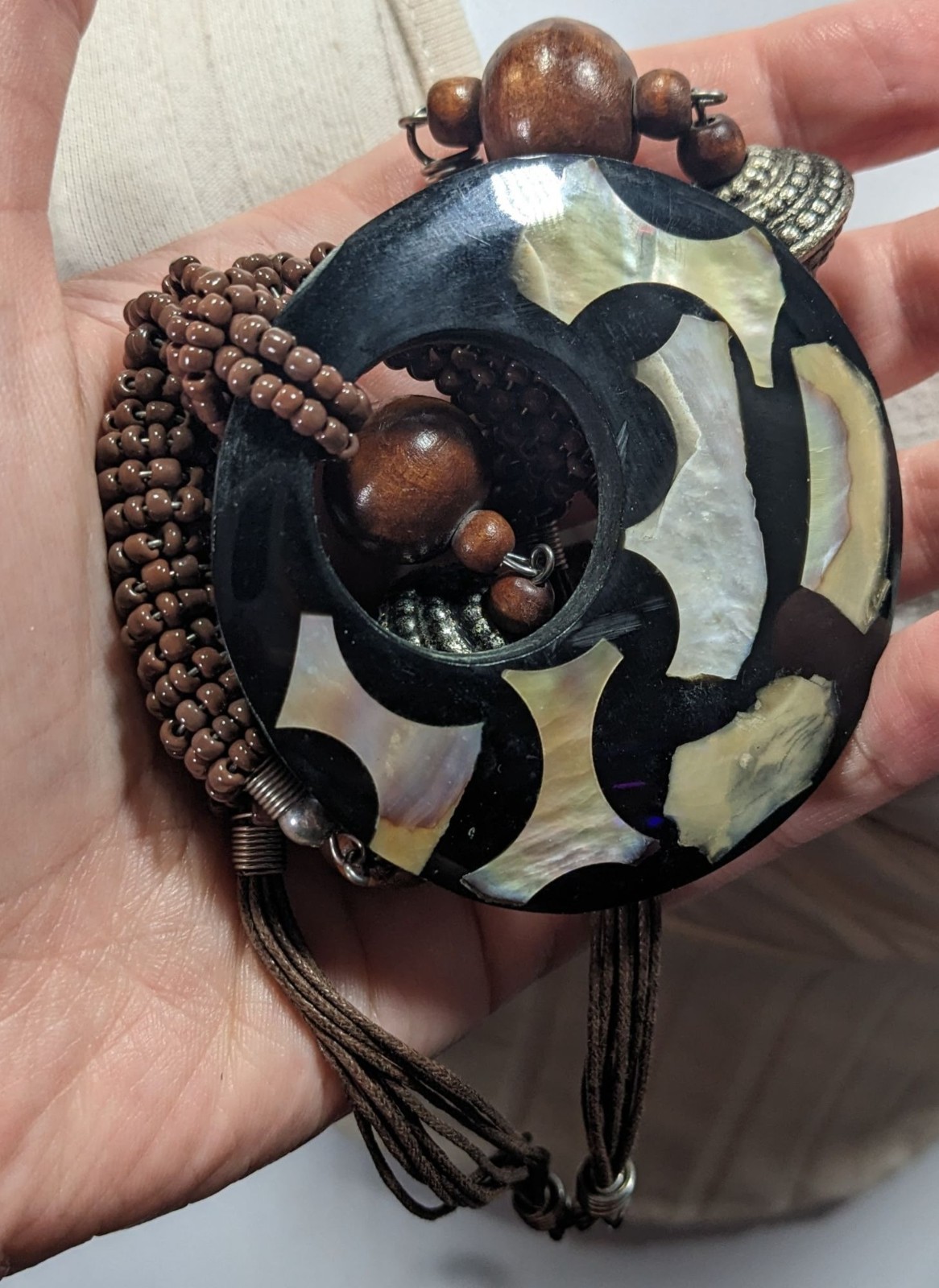 Vintage Bohemian Wood And Metal Necklace With Shell Inlay Pendant