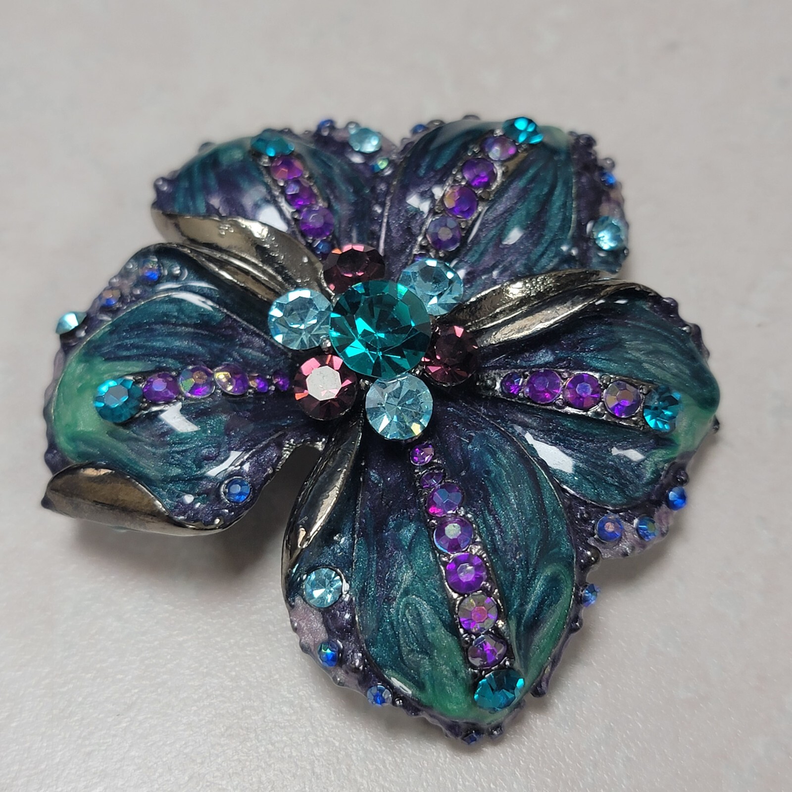 Vtg Estate Brooch 2″ Teal Purple Green Light Blue Rhinestone