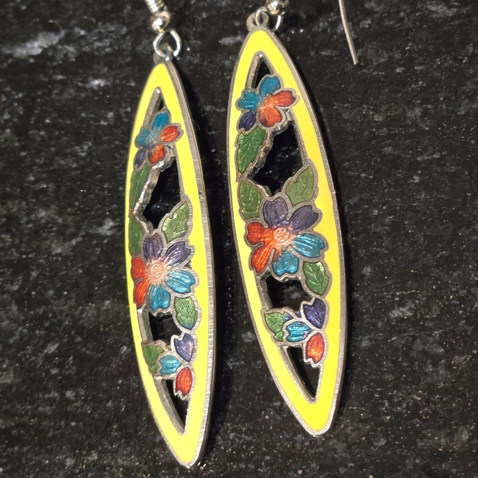 Vintage yellow Cloisonne Enamel Flowers Dangle Hook Earrings rainbow floral boho