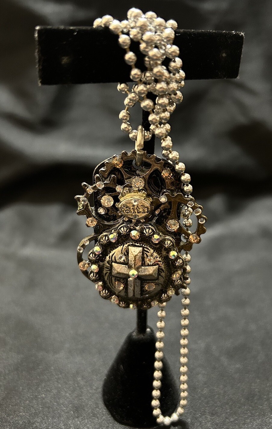 Vtg Faith Necklace Statement Pendant 14” Drop Rhinestones Handmade Brutalist