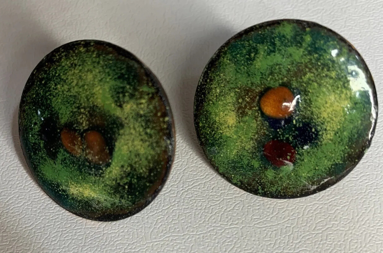 Vtg Estate MCM Earrings Enamel on Copper Screw On Round Discs Earthtones