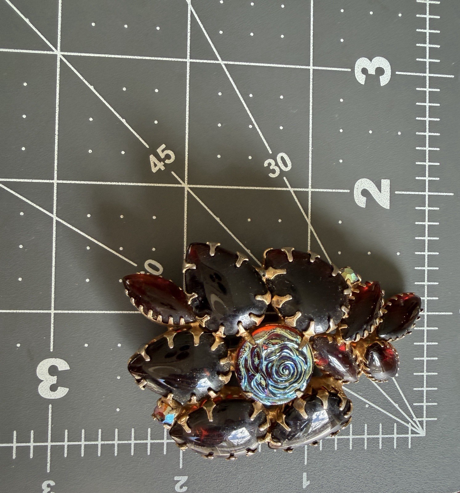 Deep Red Glass Molded Rose Brooch Art Glass Flower AB Rhinestone Statement Vtg