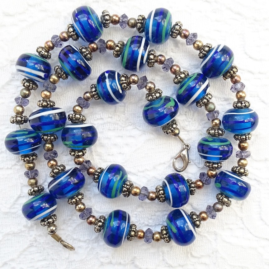 Artisan Lampwork Blue Art Glass Bead Necklace 23” Purple Green White Stripe 23″