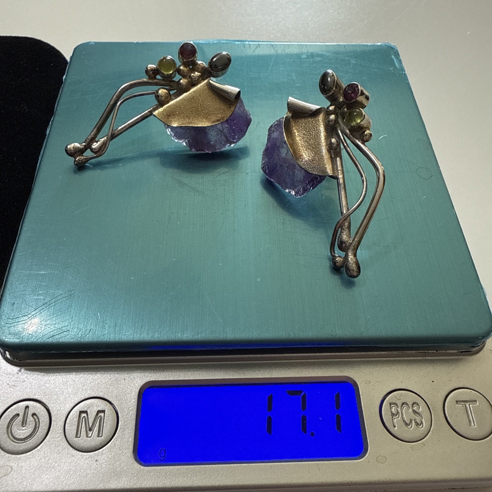 Vintage Artisan Amethyst Geode Sterling Silver Pierced Earrings