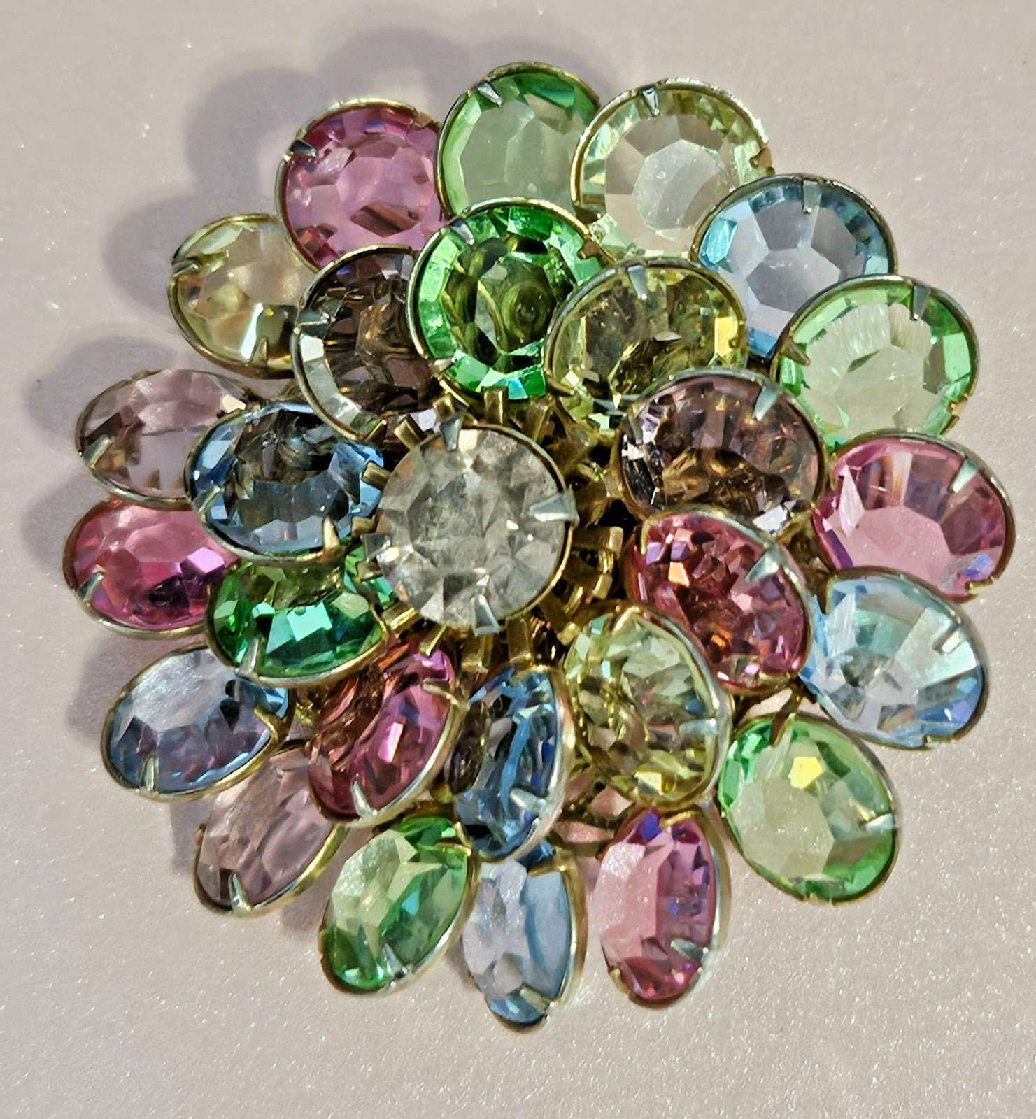 Vintage Pastel Tutti Frutti Flower Brooch Glows Bezel and Prong Set Spring !