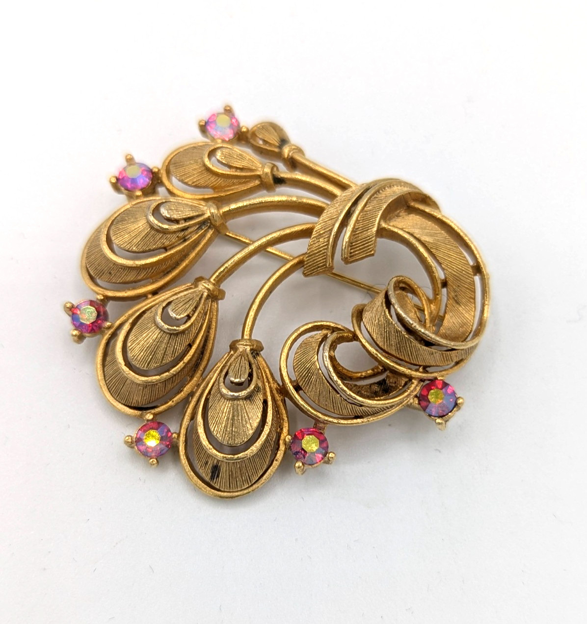 Vintage Lisner Red AB Brooch Aurora borealis Crystal Flower Pin MCM Gold Tone