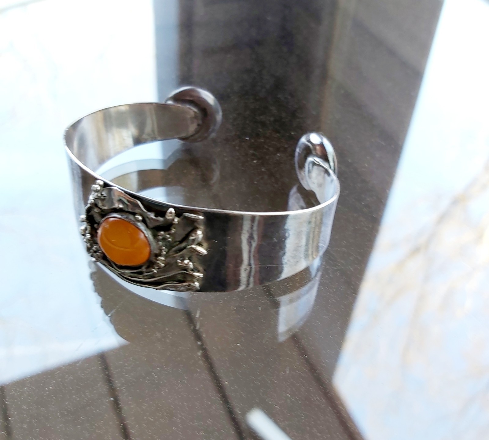 Antique Art Deco Sterling Silver Cuff Bracelet Original Design 3 Amber Inserts