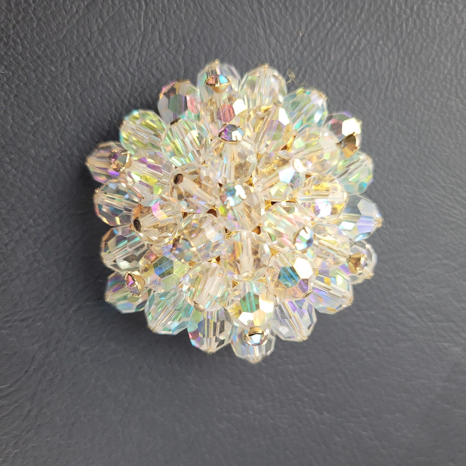 Vintage AB Faceted Crystal Cluster Round Domed Beaded Brooch