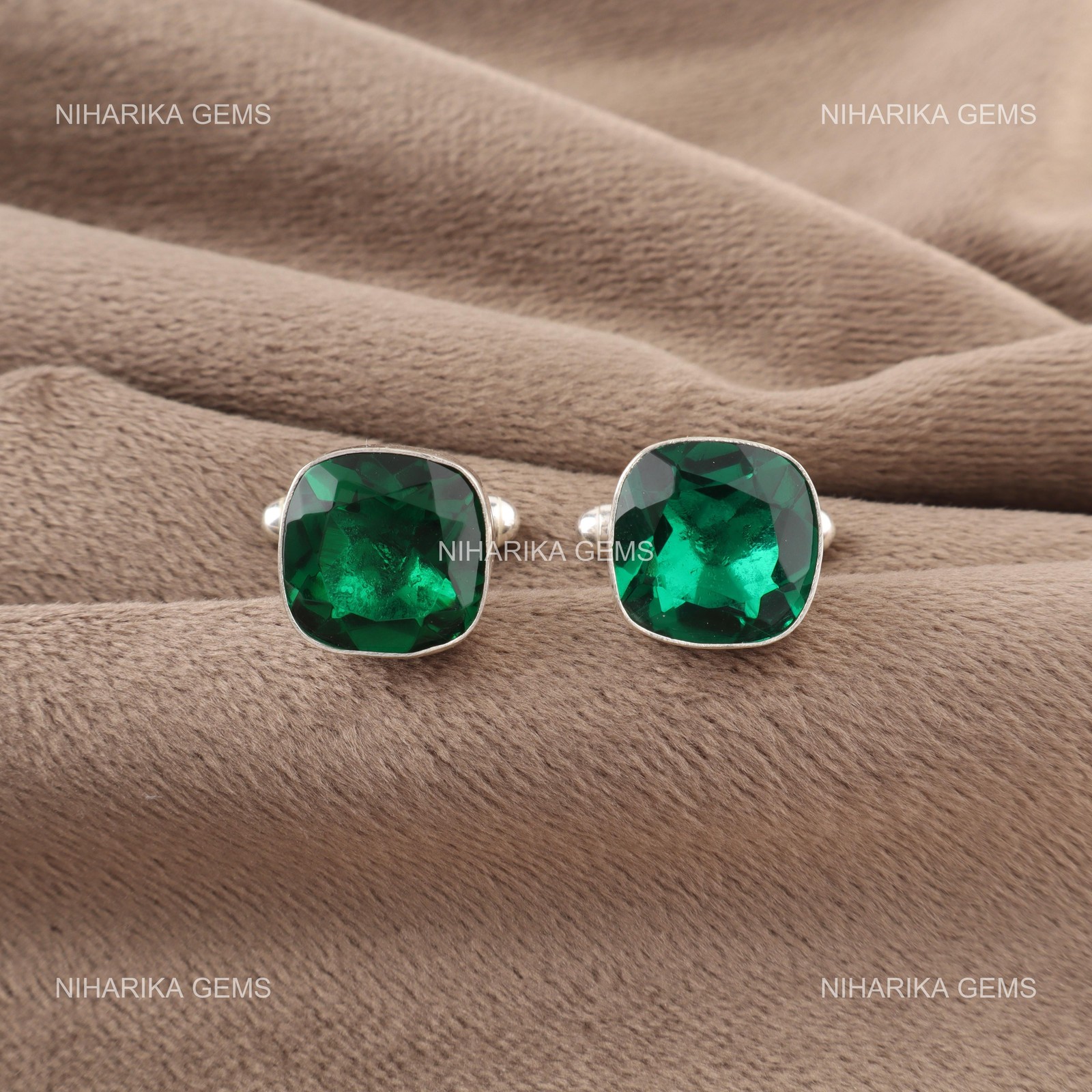 925 Sterling Silver May Natural Green Emerald Brother Gifts Art Deco Cufflinks