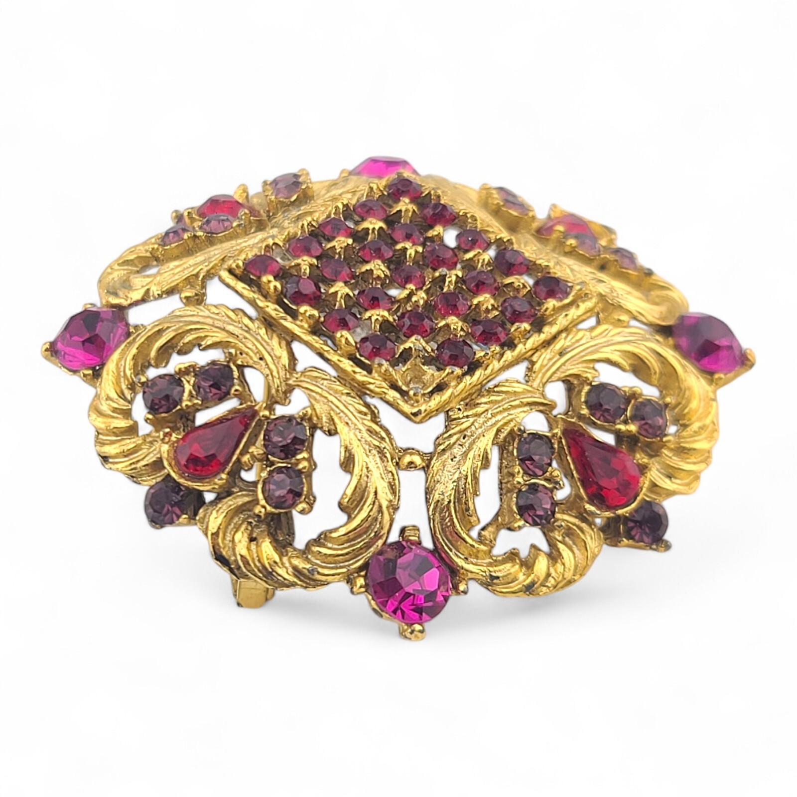 Vintage Sphinx Fuchsia Shades Of Pink Red Brooch Gold Tone Rhinestone Pin