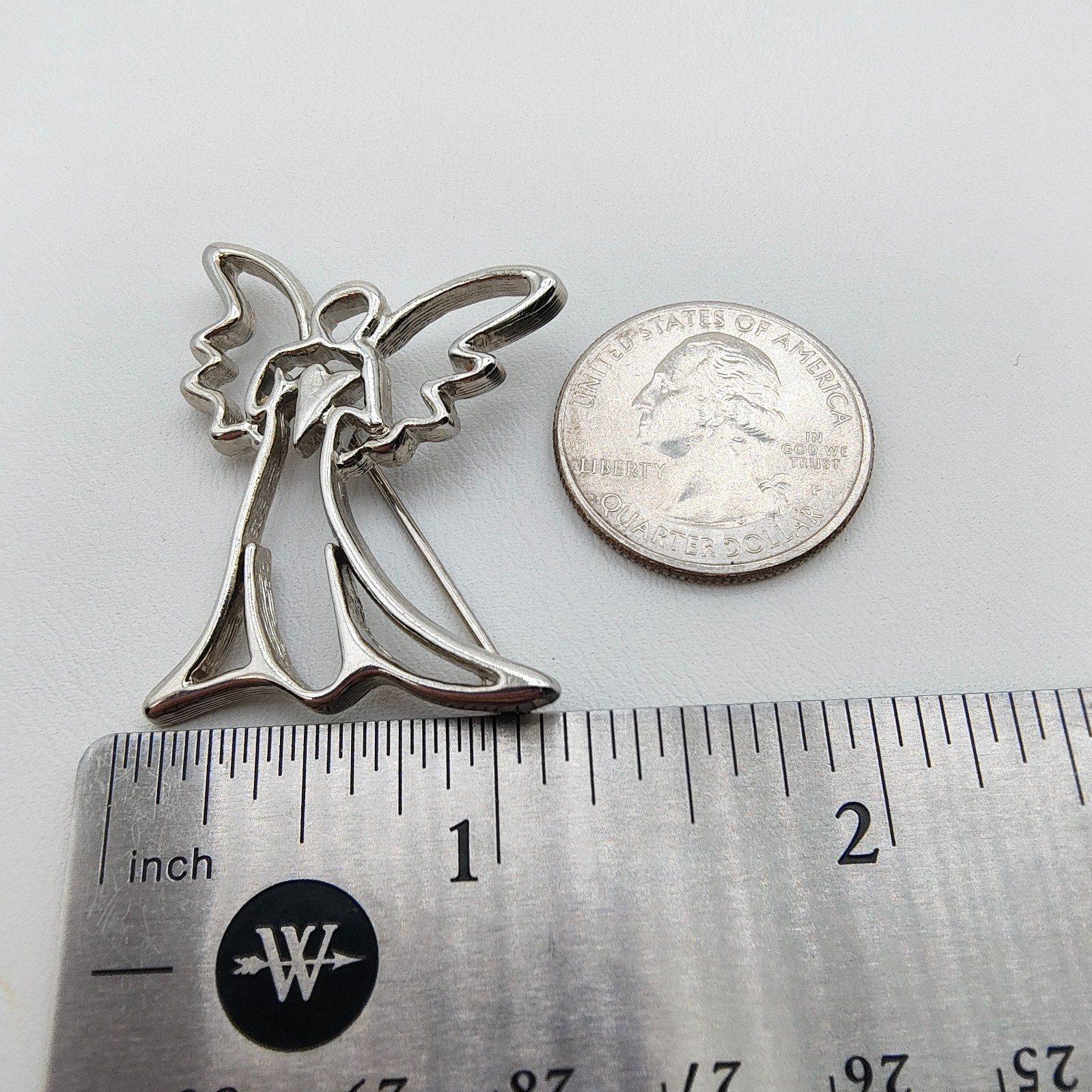 Vintage Guardian Angel Brooch Silver Tone Holding Heart Openwork Celestial Love