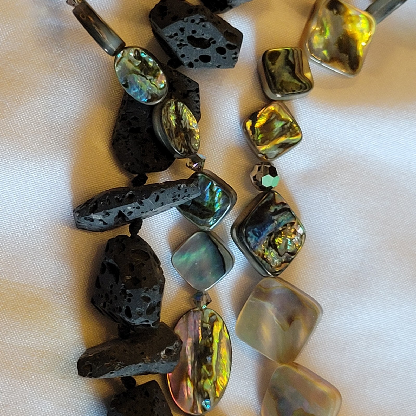 Vtg Lava Rock Mother of Pearl MOP Multi Strand Statement Necklace Signed Bob