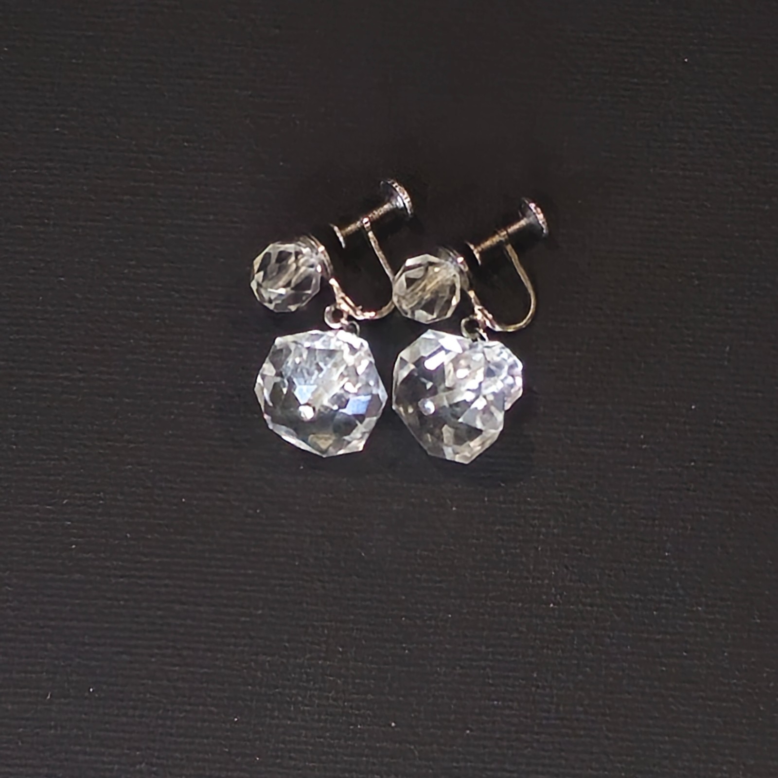 Vintage Sterling Silver Clear Crystal Screw‑Back Earrings – Faceted Glass Drops,