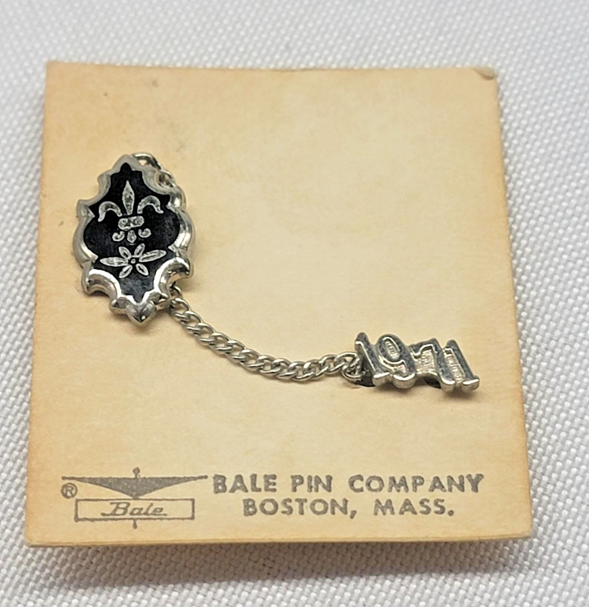 Vintage 1971 Bale Pin Co Sterling Silver Guard Pin Fleur-de-lis Black Enamel