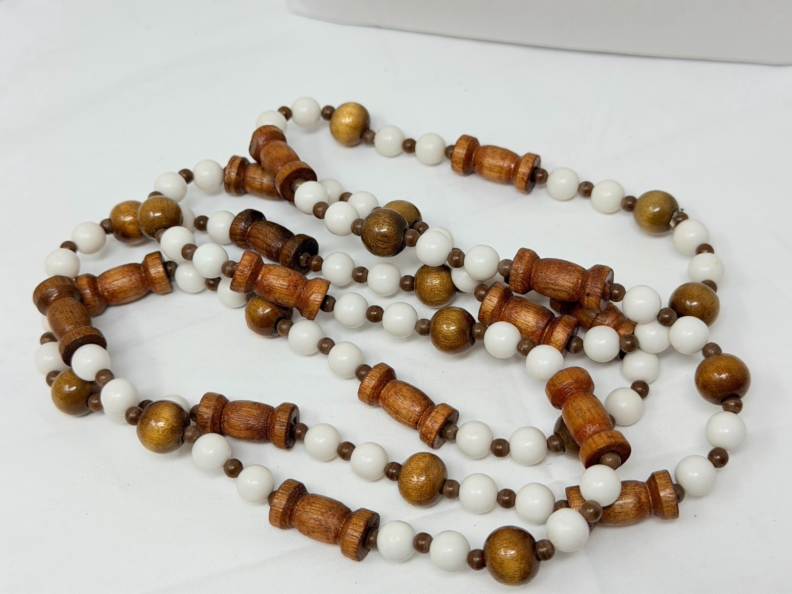 Vintage Carved Wood and White Lucite Bead 48″ Necklace