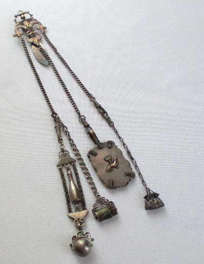 Vintage Fleur de Lis Belt Hook Chatelaine with Chains and Attachments