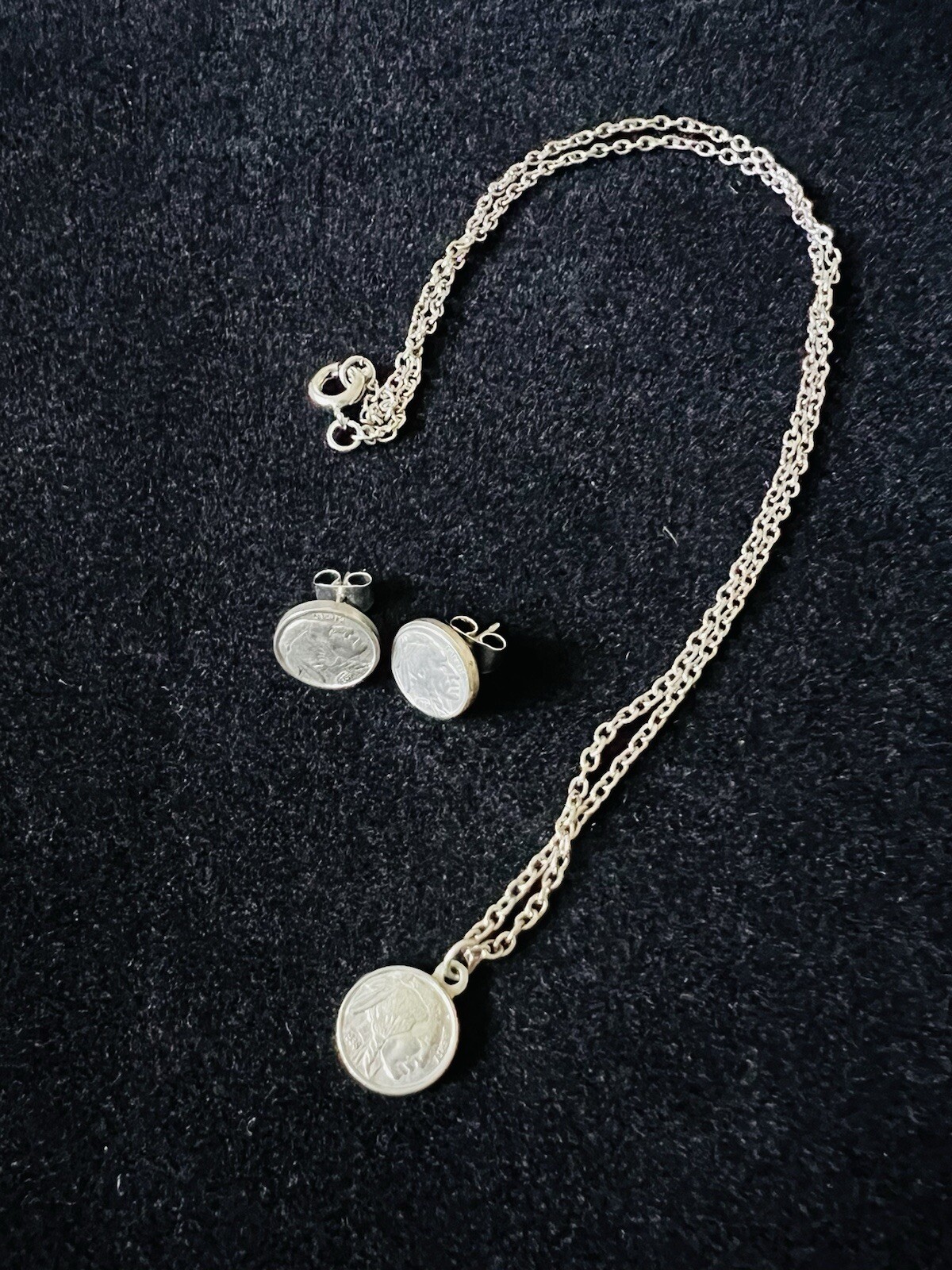 Vintage Silver Tone Buffalo Nickel Coin Necklace and Earring Set