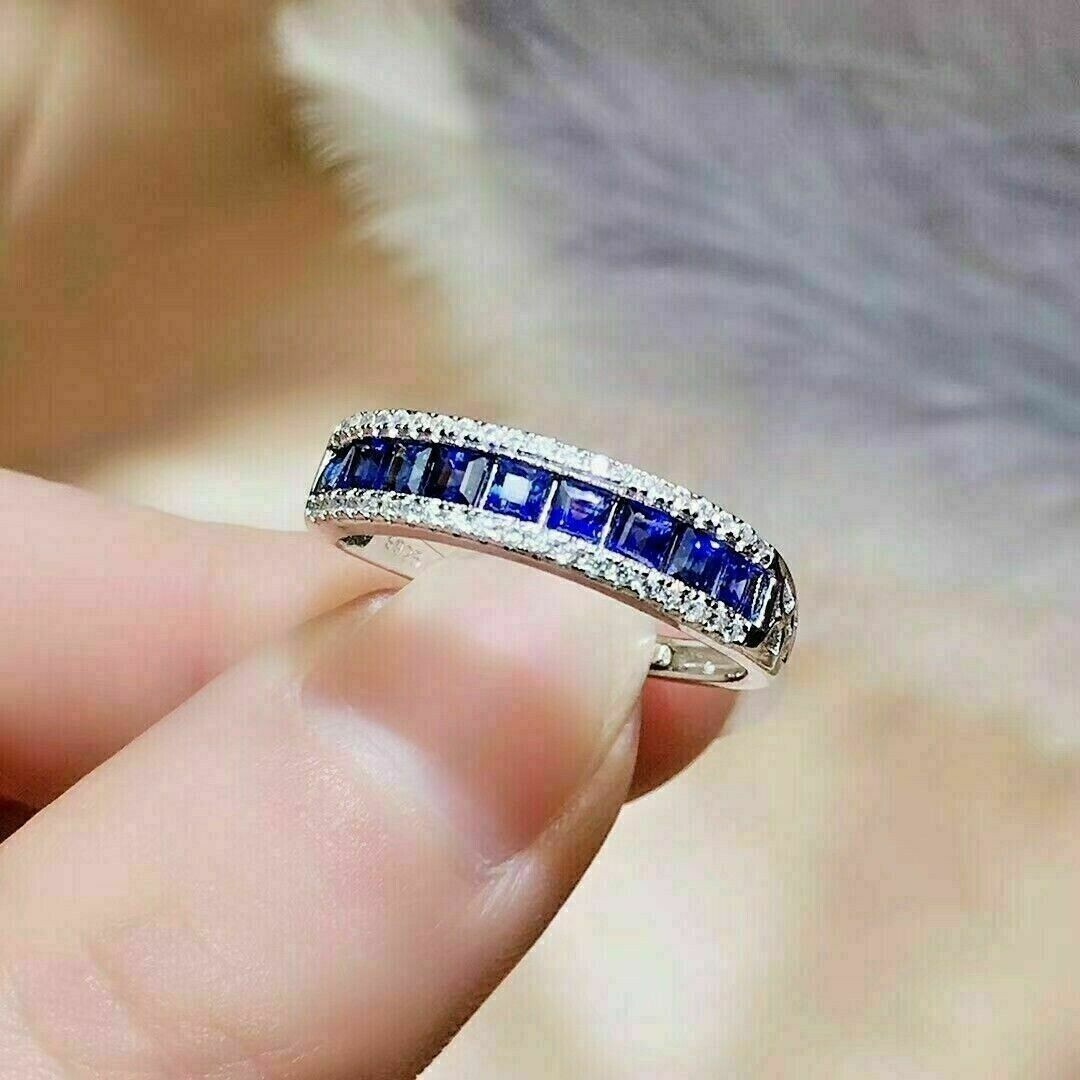 1.2CTW Blue Princess Cut CZ Art Deco Antique Style Wedding Band 925 Silver Ring