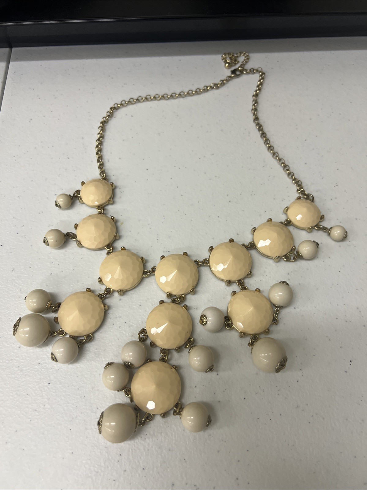 Chunky Beaded Statement Vintage Necklace Bib Style Cream & White Coloring 24-26”