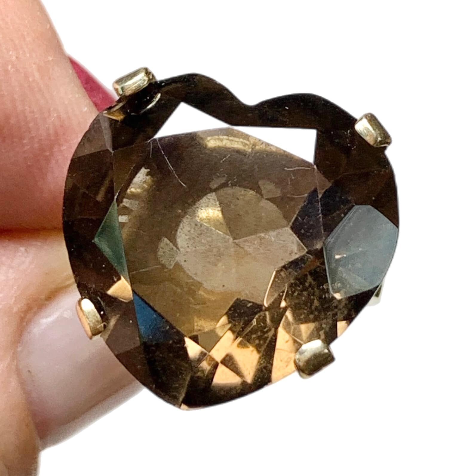 Vintage 14K Gold Heart Ring, Faceted Smokey Quartz, 7+ Grams, Size 5 1/4