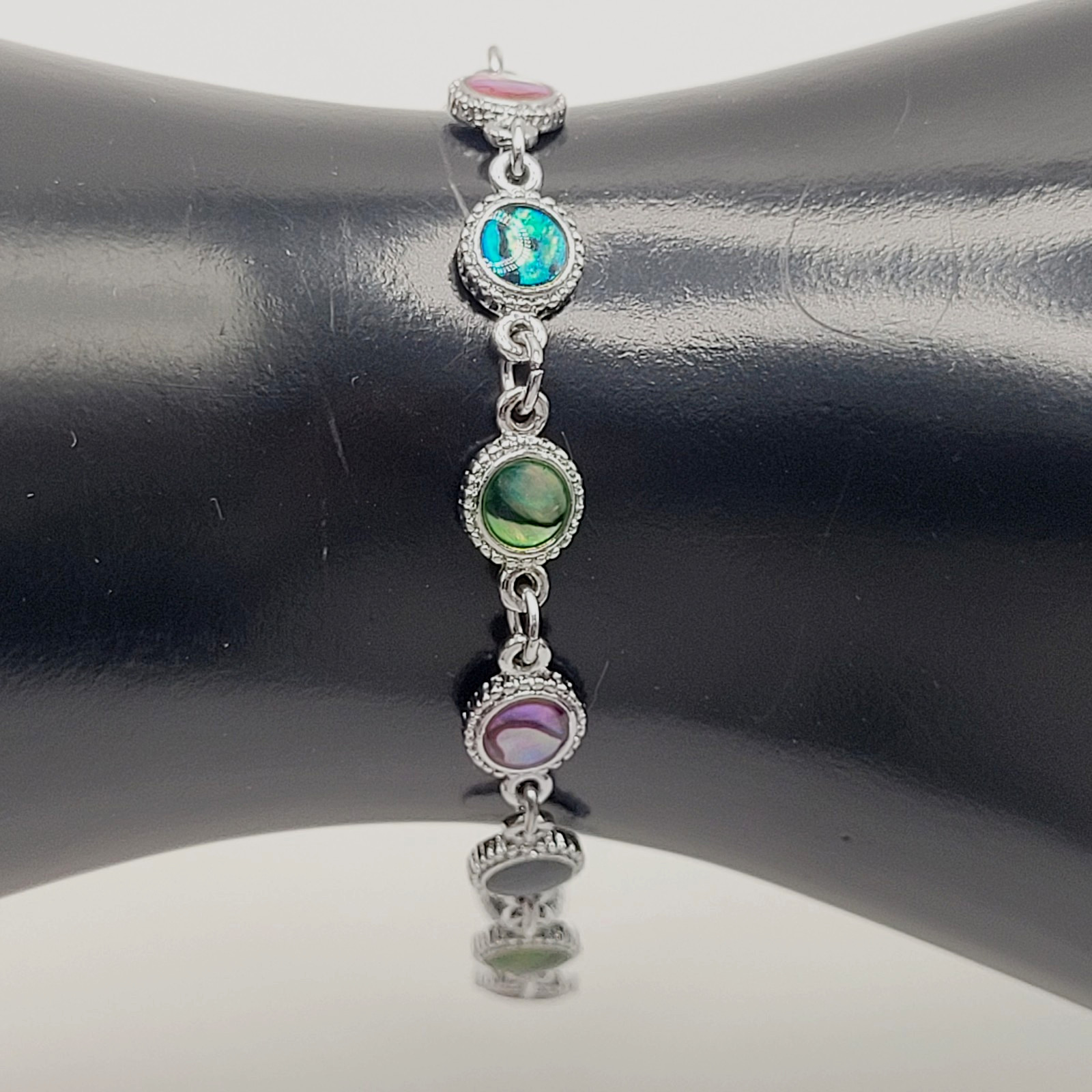 Signed SJ Colorful Paua Abalone Shell Silver Tone Link Vintage Bracelet 7.25 in