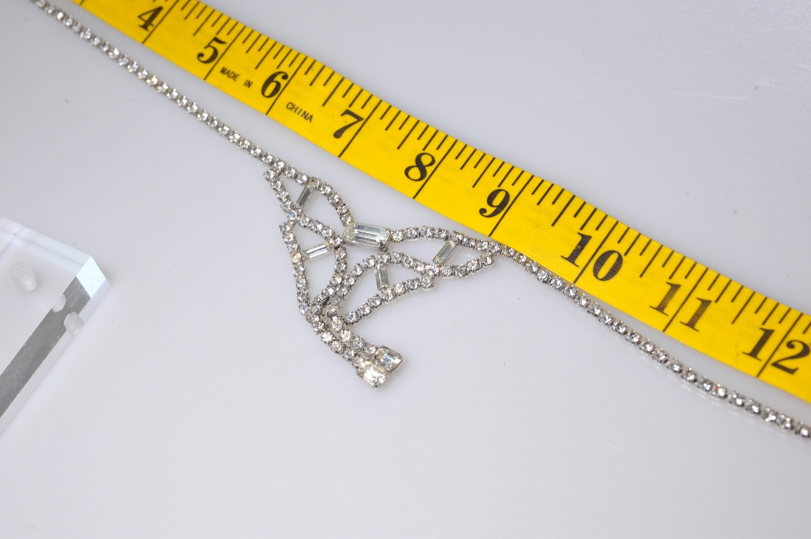 Vtg Rhinestone Necklace choker 15″ clear dangle drop classic GLAM RA2