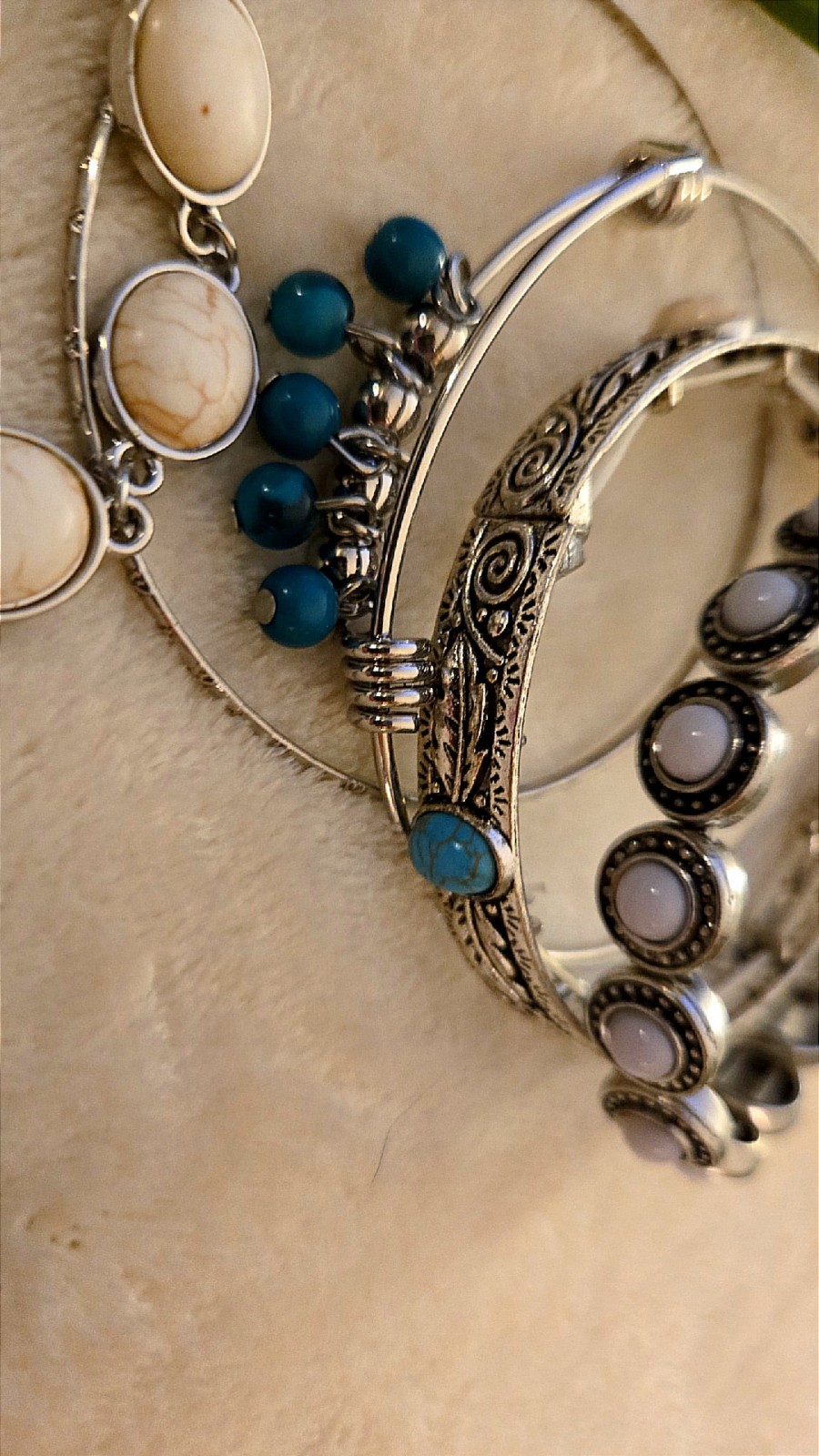 Lot Silver Tone Bracelets & Bangles with White, Turquoise Stones western boho