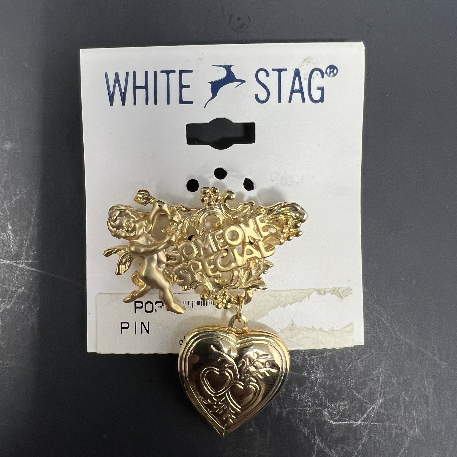 White Stag Pin with Heart Locket Gold Tone Cupid Someone Special