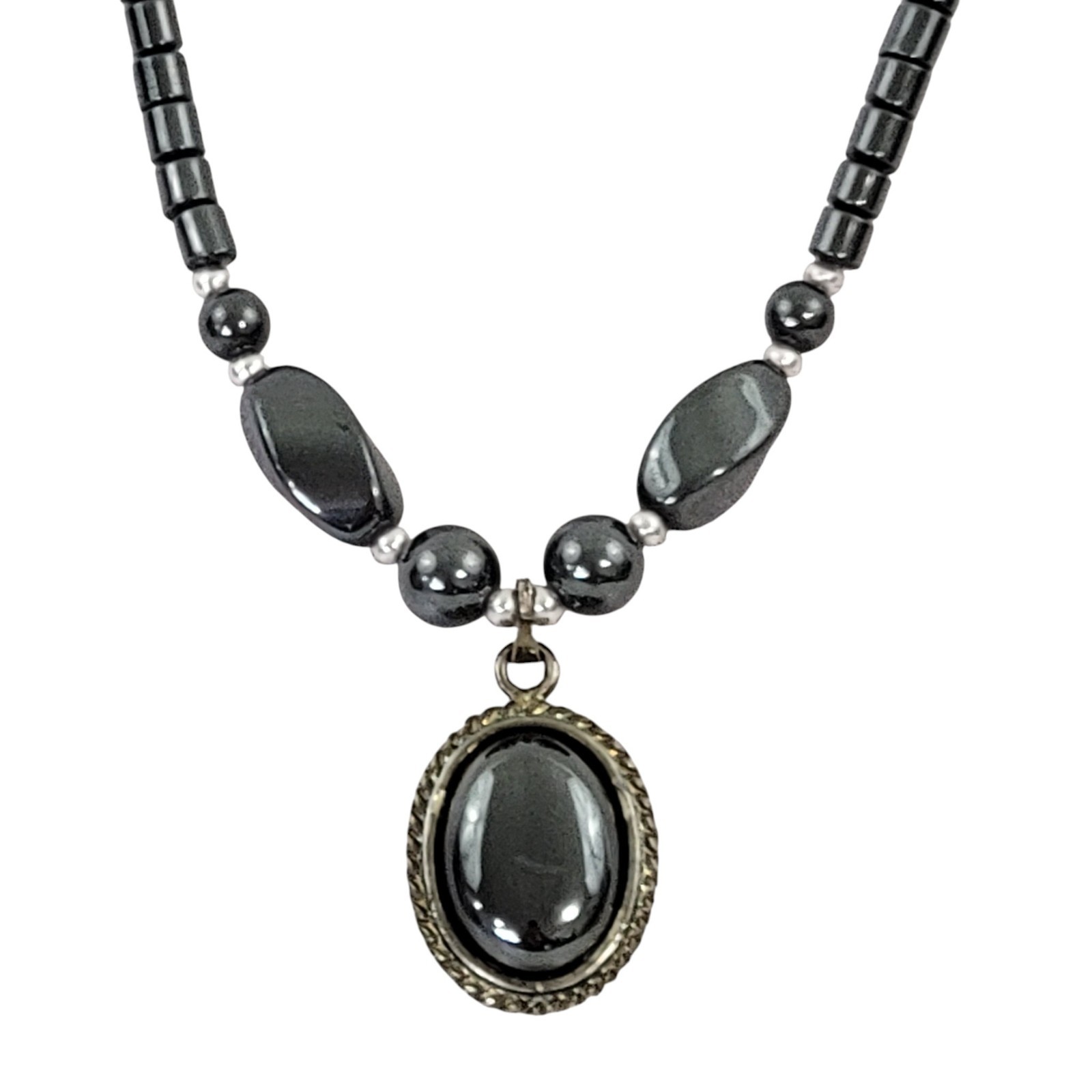 Hematite Barrel Bead Choker Vintage Grey Necklace 18 Inch Fish Hook Clasp