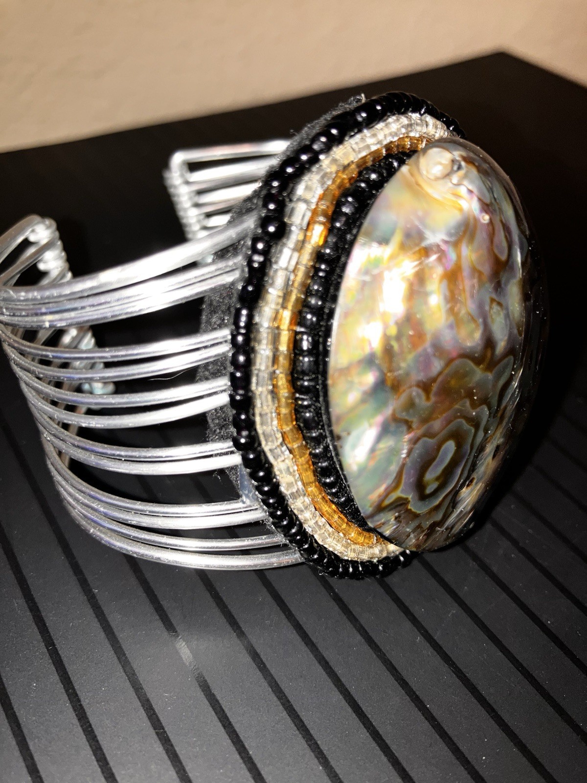 Vintage Showy Large Abalone Shell & Seed Beads Clamper Cuff Bracelet