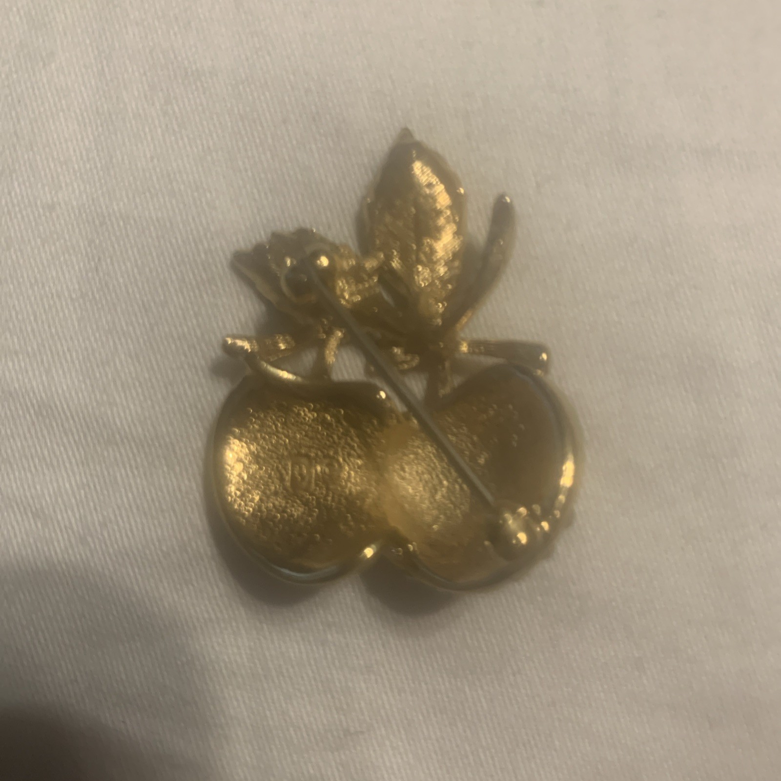 Vintage Rhinestones Apples Brooch Pin Marked AC Green Enamel Leaves Gold Tone