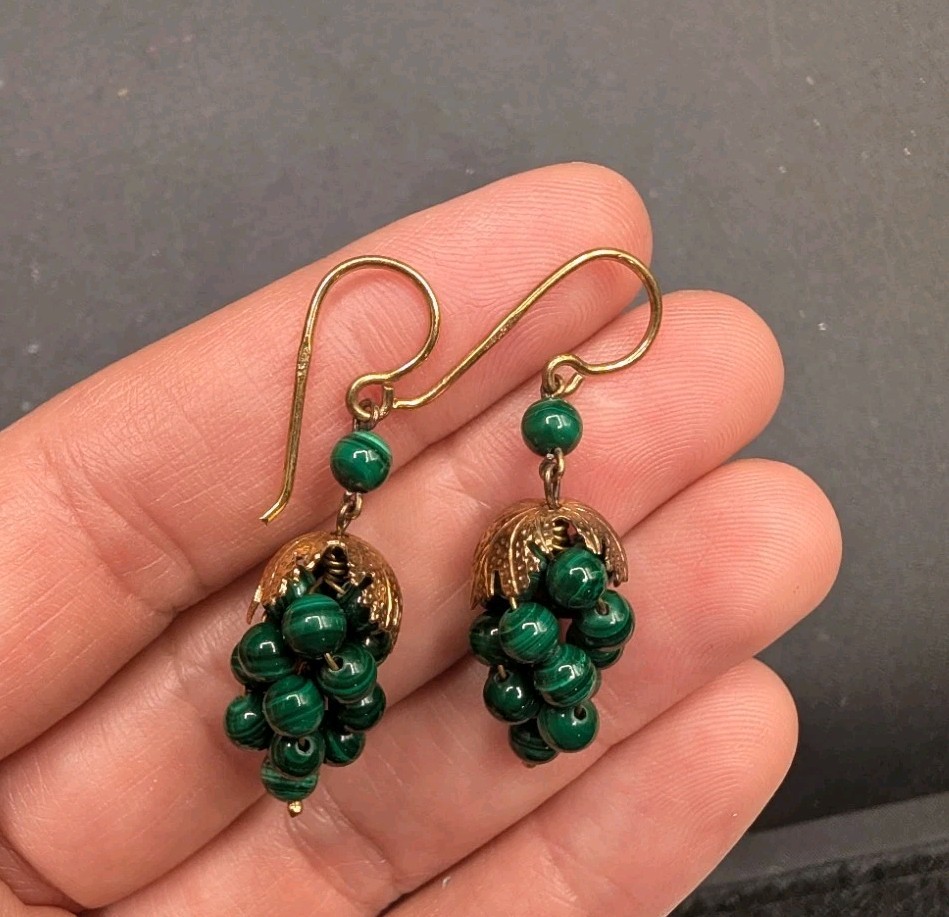 800 Silver Marked Gold Tone Malachite Round Beaded Cluster Grapes Earrings