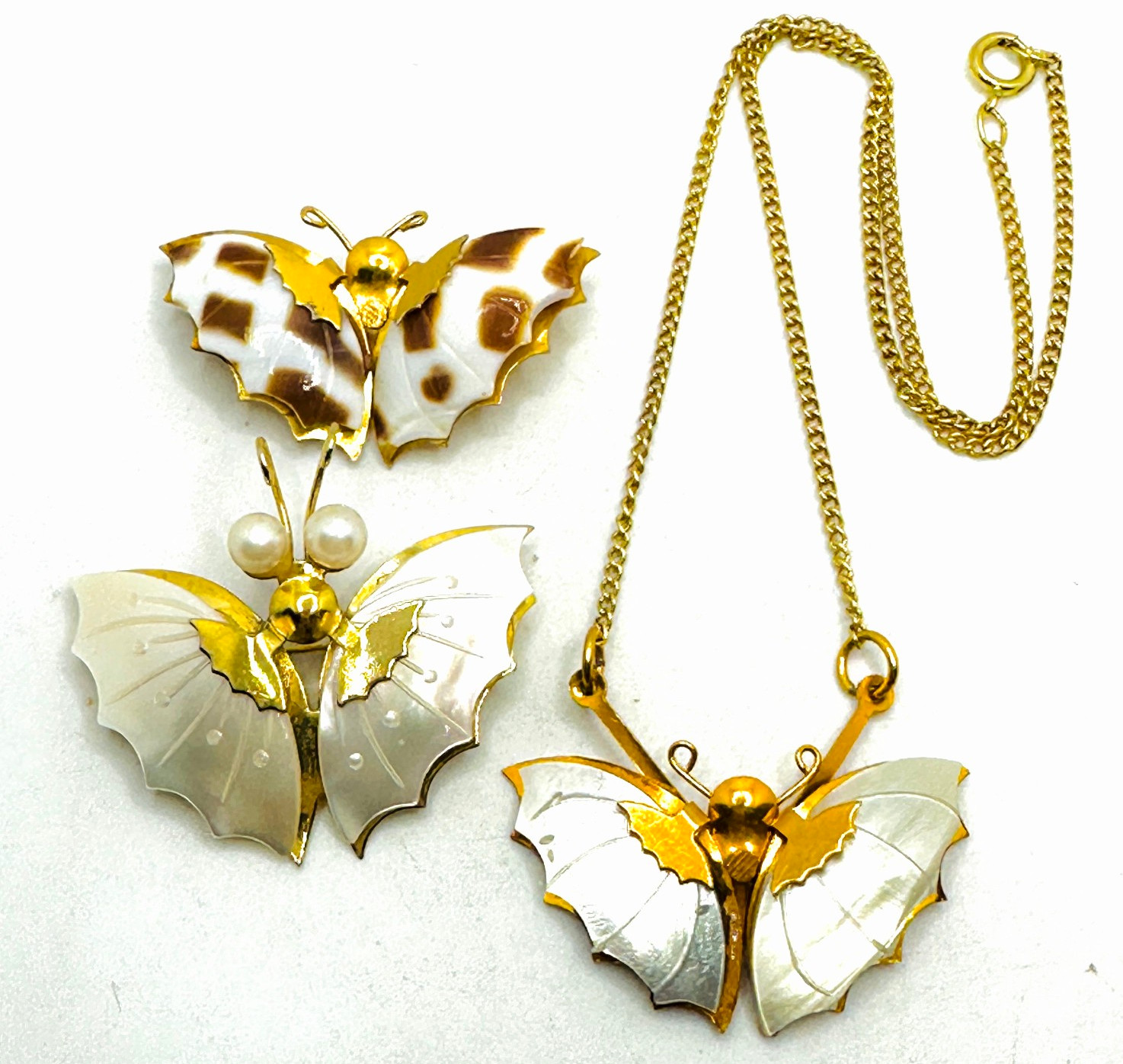 Lot 3 Gold Tone MOP / Shell Moths – 2 Brooches and 1 Necklace EUC
