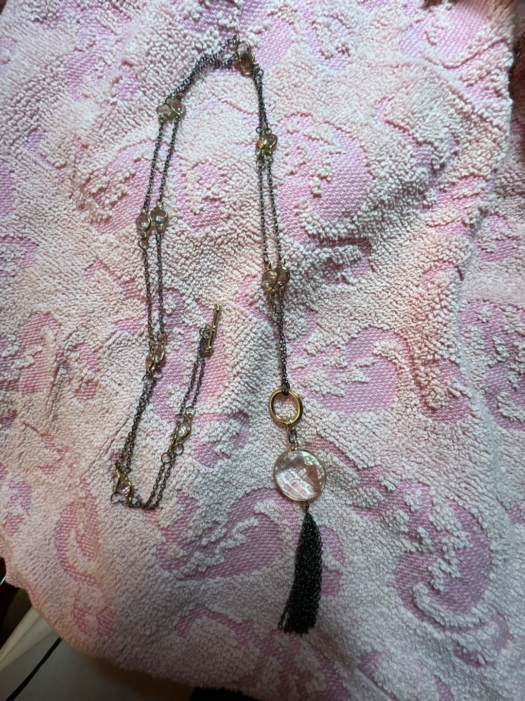Vintage Multistrand Necklace with Faceted Crystal Pendant and Tassel
