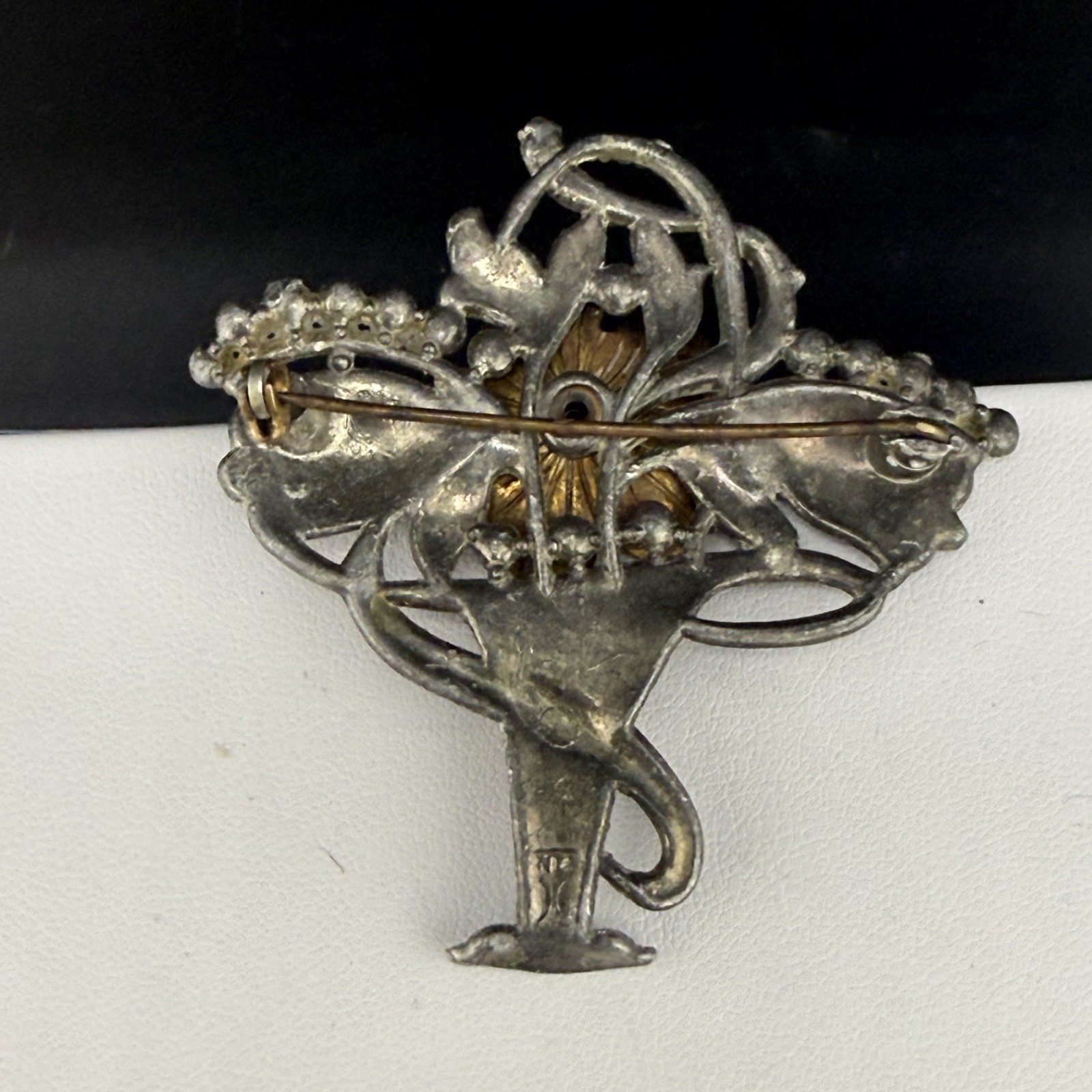 Vintage Potmetal Brooch Flower Basket Rhinestone New England Glassworks READ