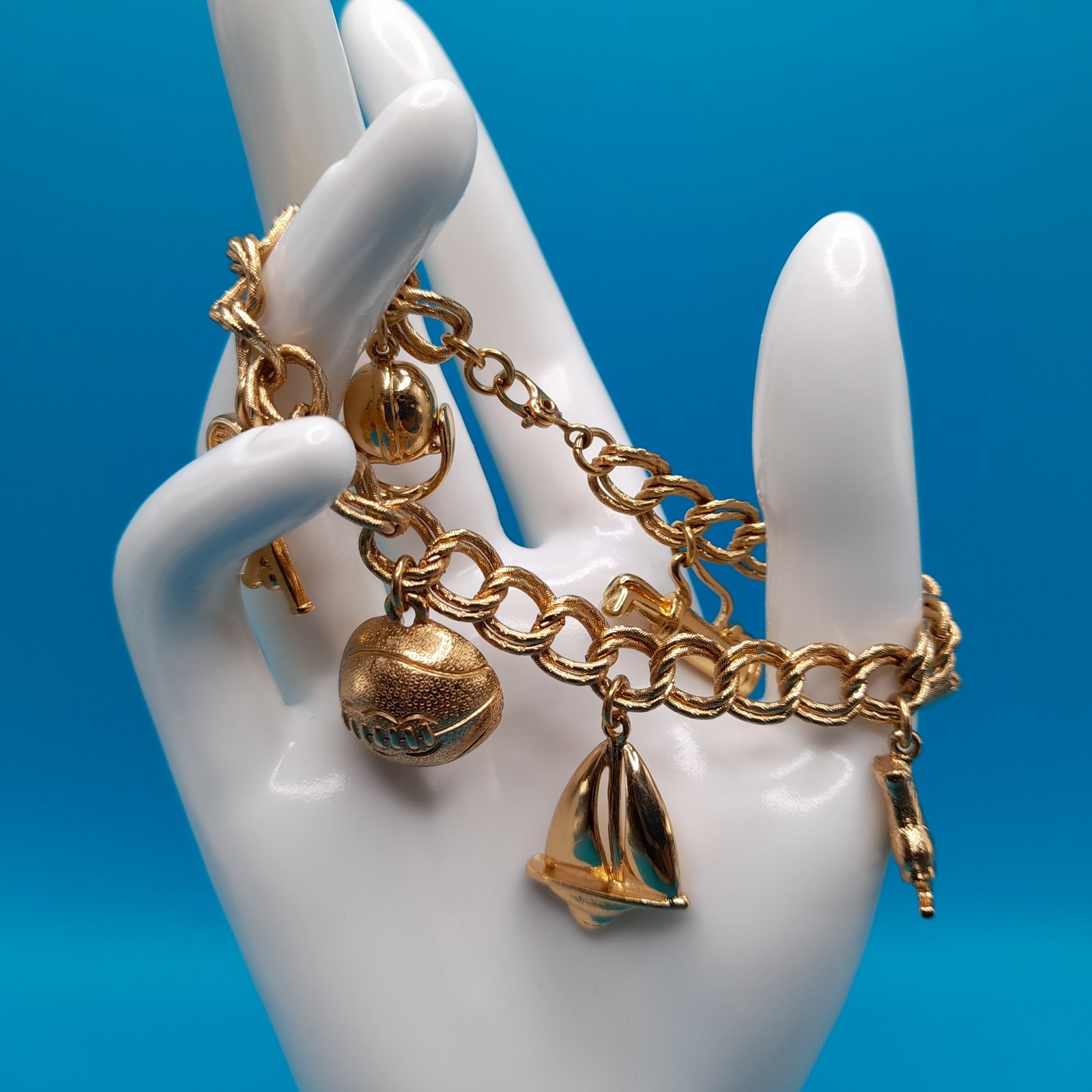 Vintage Monet Charm Bracelet Sports Theme Gold Tone Sister Clasp
