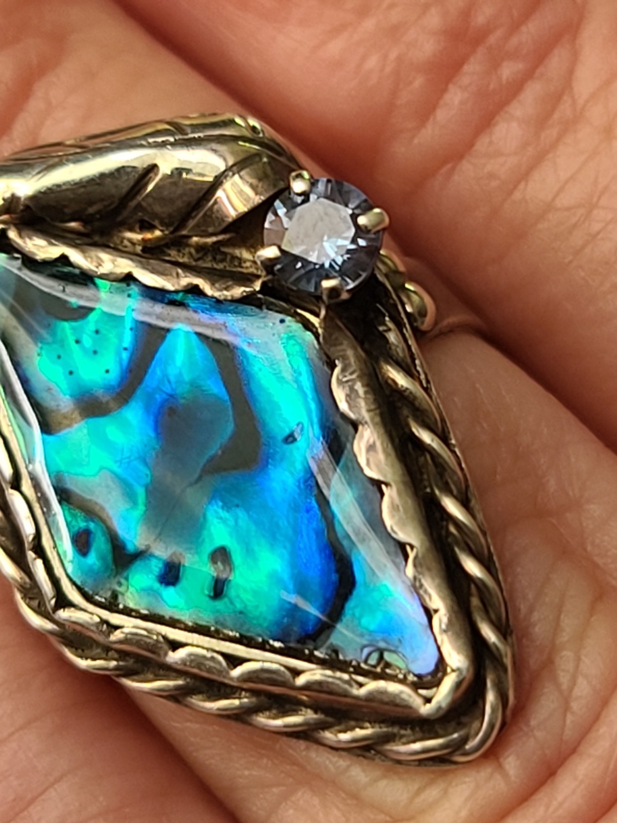 Vintage Paua Shell & Sterling Silver Ring Size 7 Leaf & Blue Rhinestone Accents