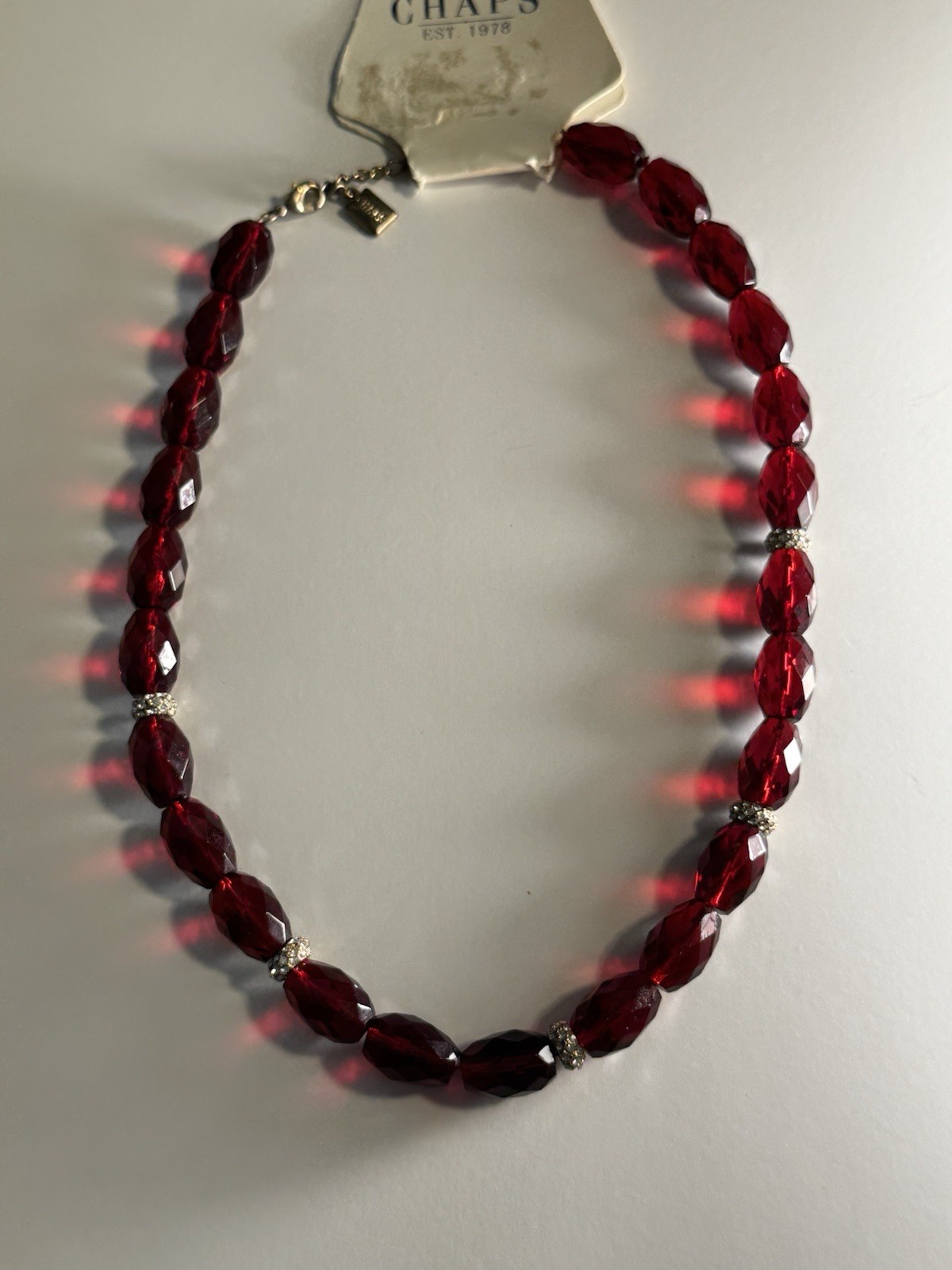 Chaps Ruby Red Acrylic Cherry Bead Crystal Accent Necklace WITH TAGS