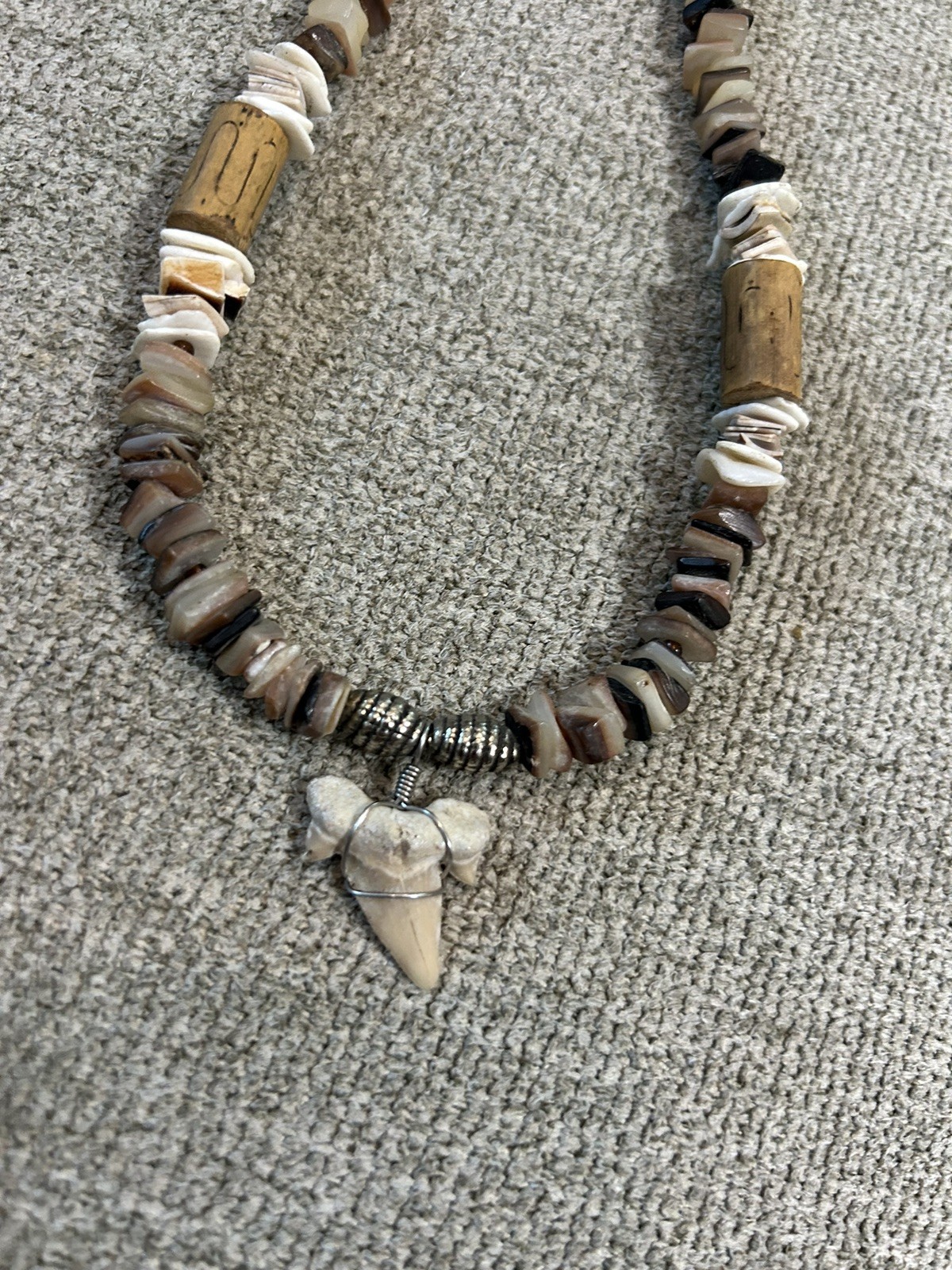 Vintage Shark Tooth Shell Wood Necklace Barrel Clasp 17-18” Surf Beach