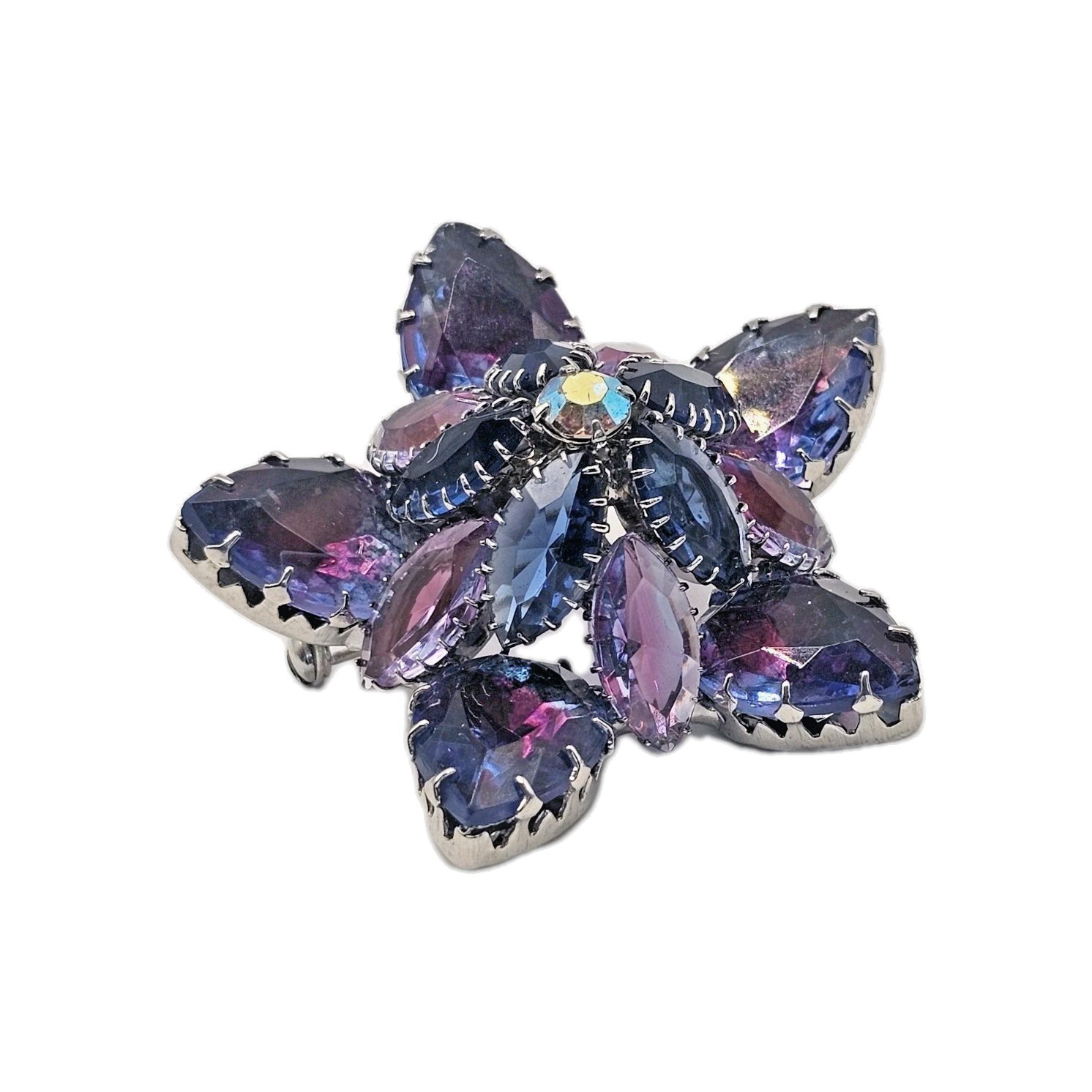 VTG Starburst Domed Purple Blue Pink Vitrail Glass Rhinestone Brooch Silver Tone