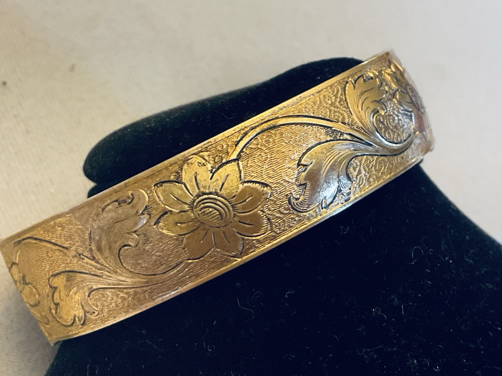 Vintage Bangle Hinged Bracelet Etched Flowers Gold Tone Textured