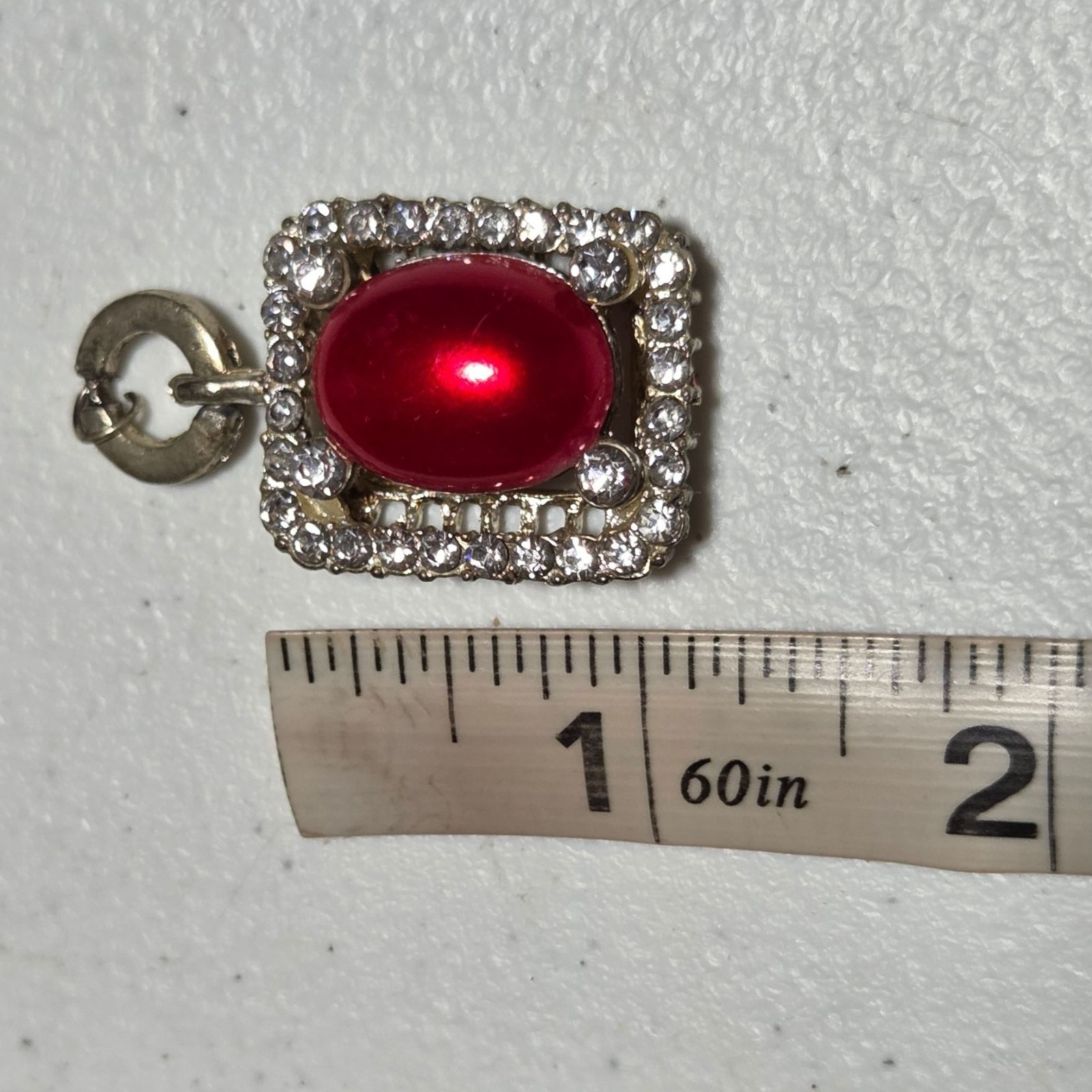 Vintage Red Gem Pendant Rhinestone Accents Gold Tone Rectangule Retro Fashion